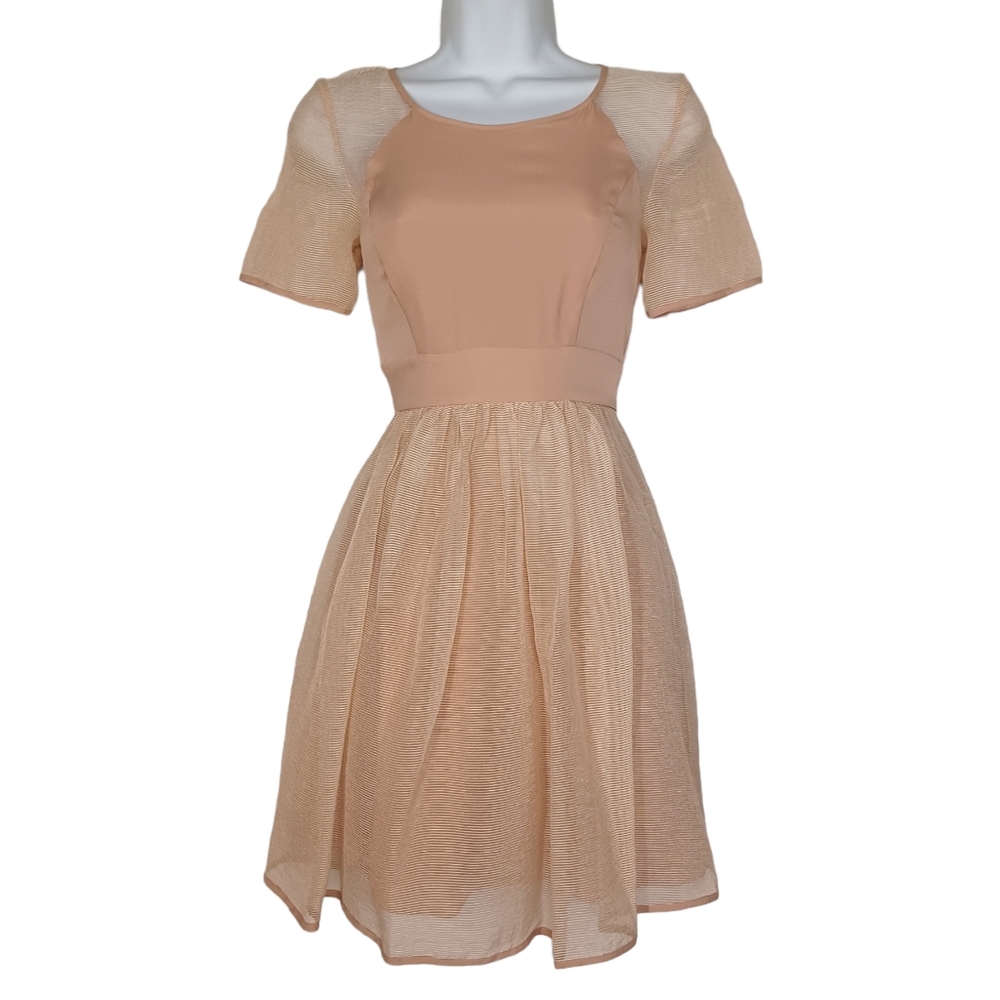 BCBGENERATION Tan Light Brown Netting Mesh Short Sleeve A-Line Dress 0 XSmall